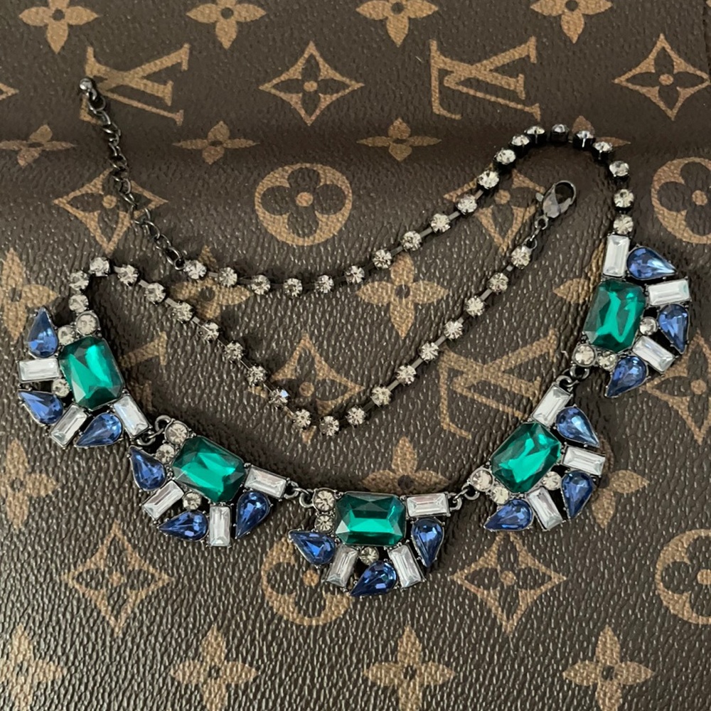 Green blue dark metal stone necklace
